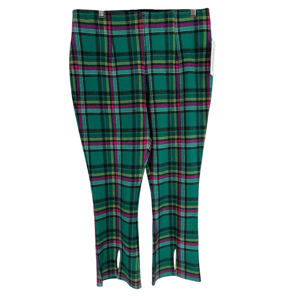 Slim Factor Kick Flare Pants Womens L Green Plaid Stretch Pull On Front Slit NWT
